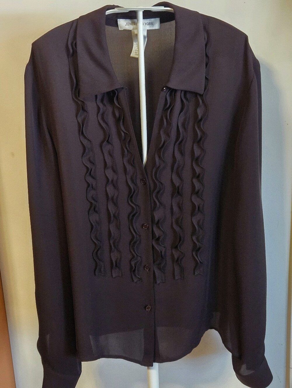 JONES NEW YORK Long Sleeve Silk Blouse Top Ruffles Brown Sz 14